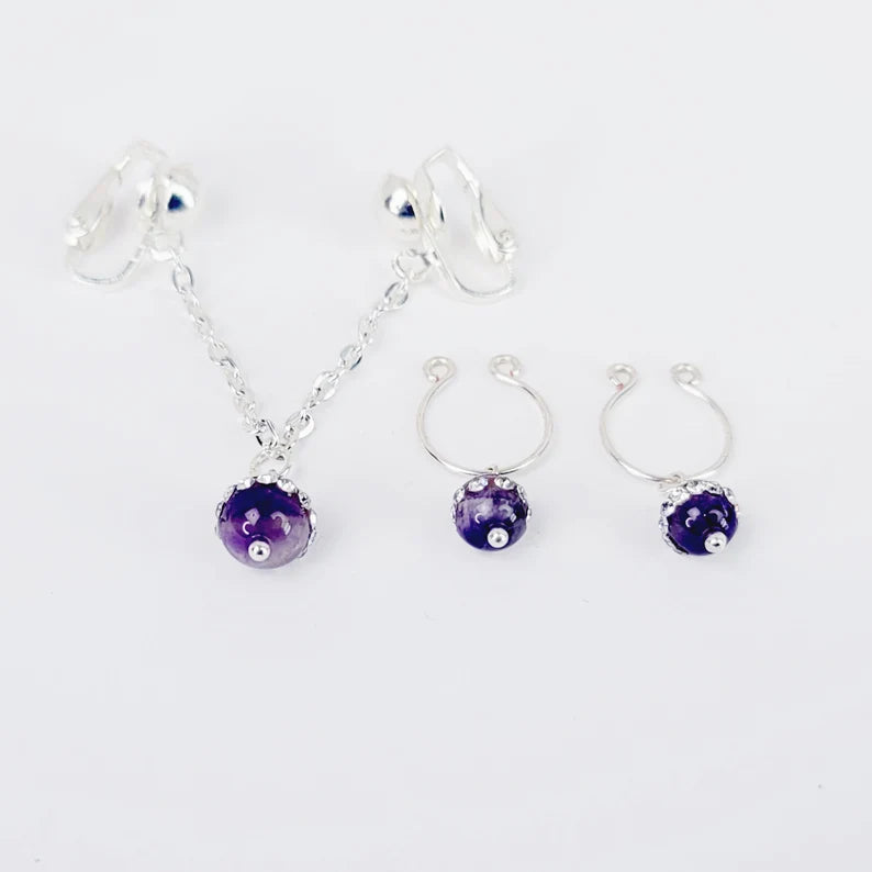 Non Piercing Nipple Rings and Labia Chain Dangle with Sparkling Amethyst or Rose Quartz Beads. Erotic Body Jewelry Set. MATURE, BDSM
