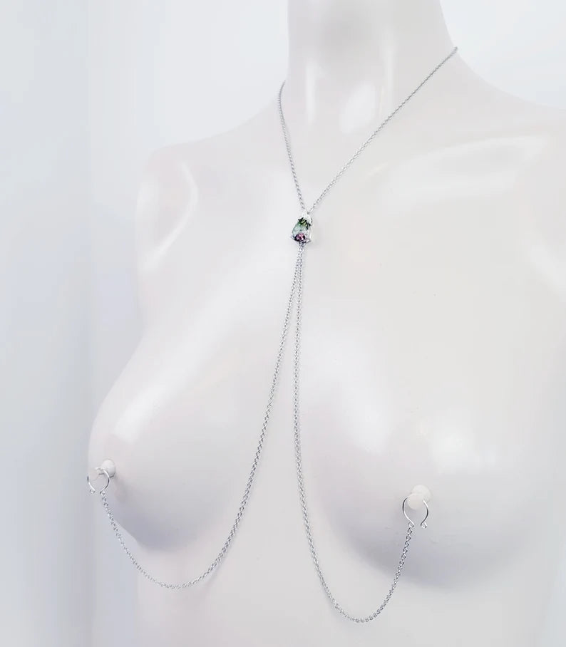 Gemstone Necklace to Nipple with Non Piercing Nipple Nooses Or Nipple Clamps. MATURE, BDSM