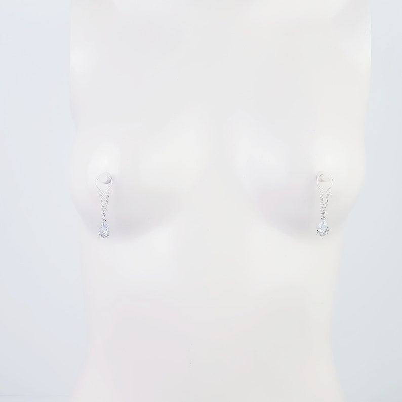 Cubic Zirconia Teardrop Nipple Rings with Chain Dangles and Labia Clip SET