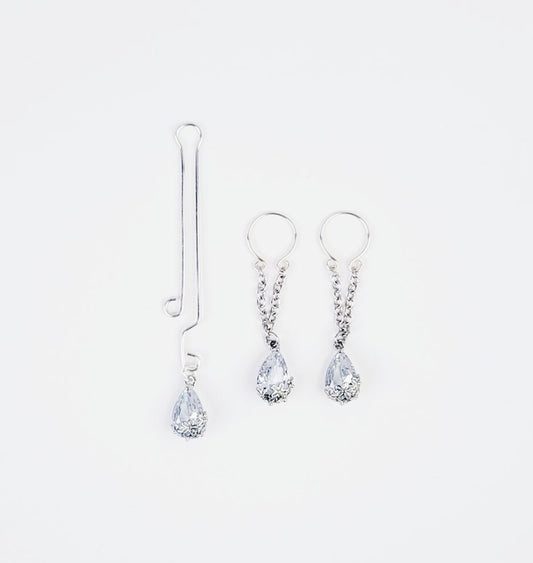 Cubic Zirconia Teardrop Nipple Rings with Chain Dangles and Labia Clip SET