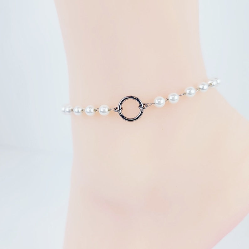 Stainless Steel and Pearl, Circle of O Ankle Bracelet