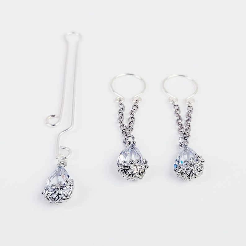 Cubic Zirconia Teardrop Nipple Rings with Chain Dangles and Labia Clip SET