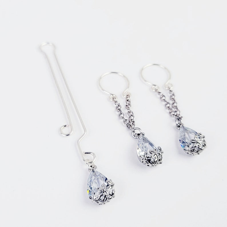 Cubic Zirconia Teardrop Nipple Rings with Chain Dangles and Labia Clip SET