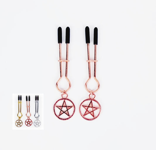 Pentacle Nipple Clamps, Straight Tweezer Style, in Gold, Silver, or Rose Gold